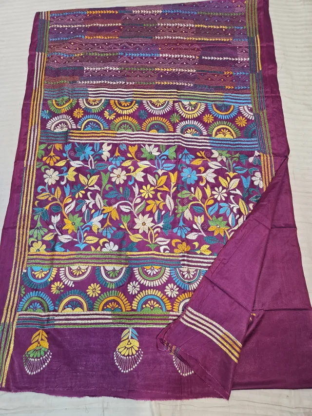 Purple Dual Tone with Blue Blended Bangalore Silk Kantha Stitch Floral Jaal and Arched Medallion Pallu Saree