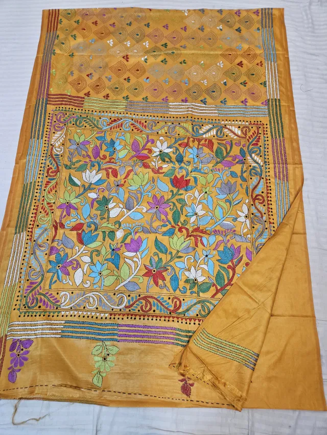 Bright Yellow Blended Bangalore Silk Kantha Stitch Floral Jaal and Geometric Pallu Saree
