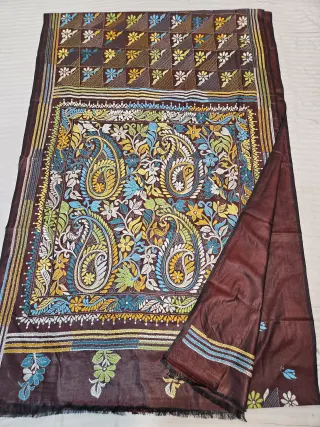 Wine Blended Bangalore Silk Kantha Stitch Kalka Floral Jaal and Checkerboard Pallu Saree