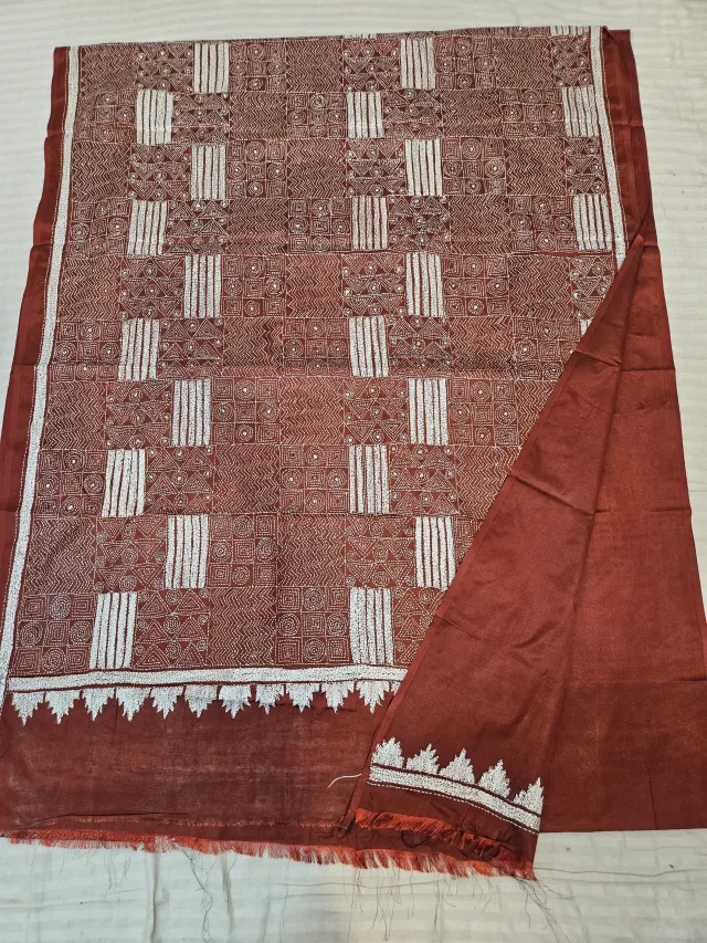 Rust Blended Bangalore Silk Kantha Stitch Geometric Mosaic and Temple Pallu Saree