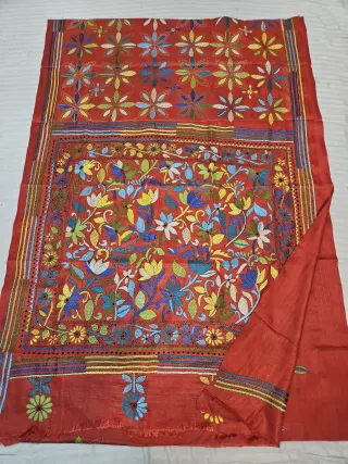 Bright Red Blended Bangalore Silk Kantha Stitch Floral Jaal and Star Pallu Saree