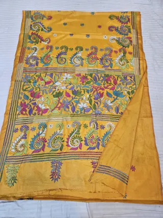 Haldi Yellow Blended Bangalore Silk Kantha Stitch Kalka and Floral Jaal Pallu Saree