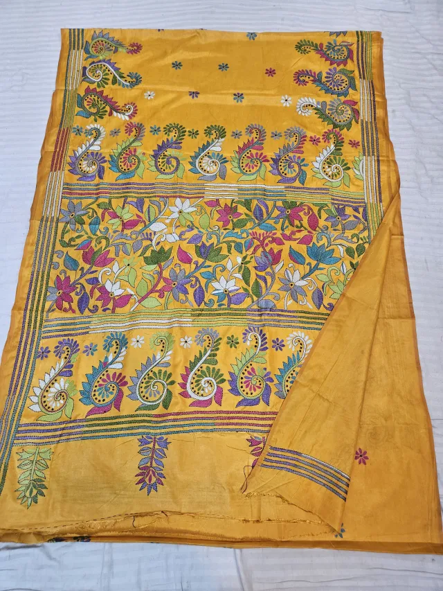 Haldi Yellow Blended Bangalore Silk Kantha Stitch Kalka and Floral Jaal Pallu Saree