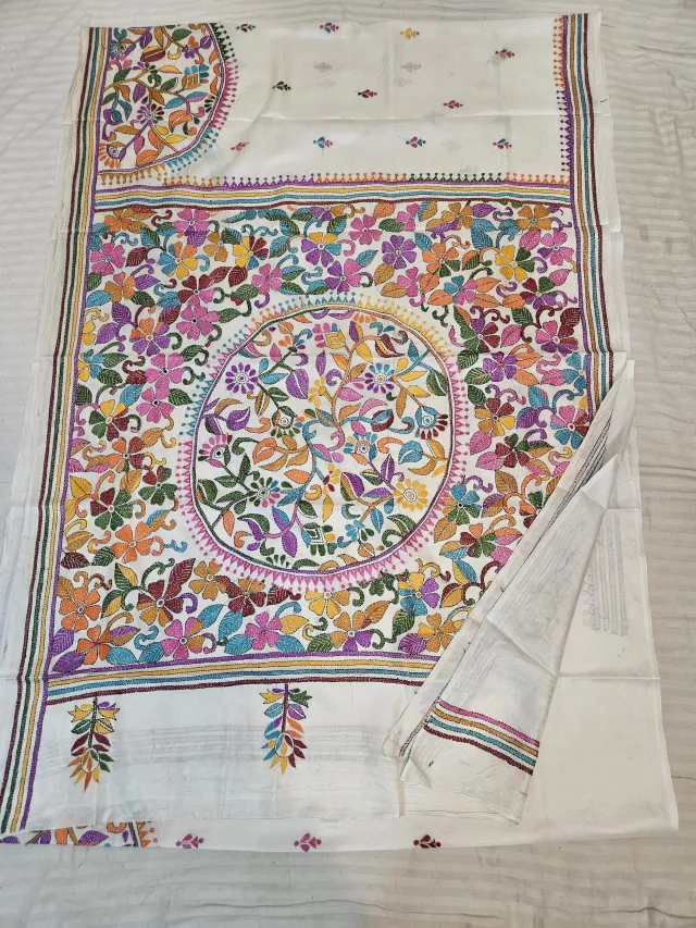 Off-White Blended Bangalore Silk Saree with Handcrafted Multi-Color Floral Kantha Stitch Embroidery