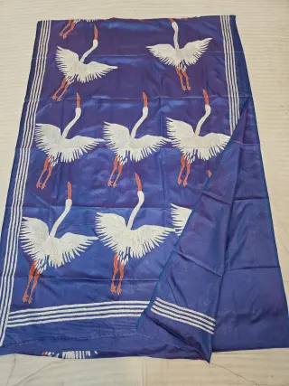 Royal Blue Blended Bangalore Silk Kantha Stitch Flying Crane Motif Pallu Saree