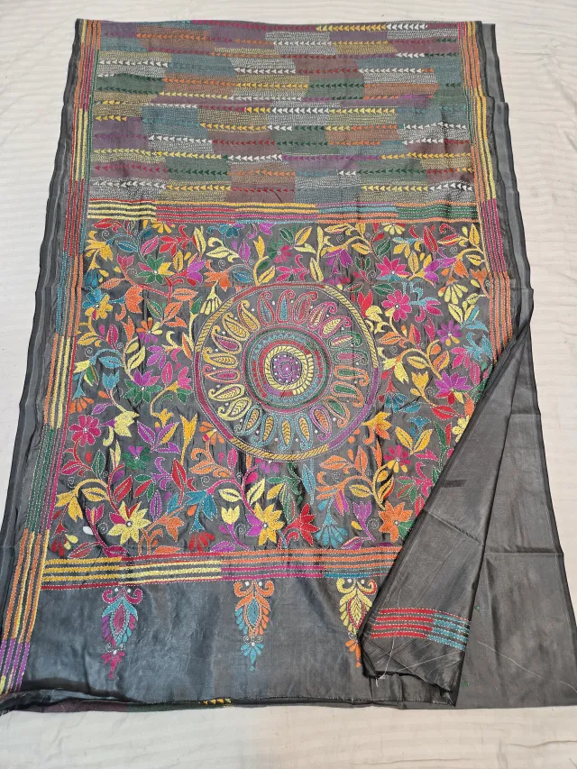 Charcoal Black Blended Bangalore Silk Saree with Handcrafted Multi-Color Mandala & Floral Kantha Stitch