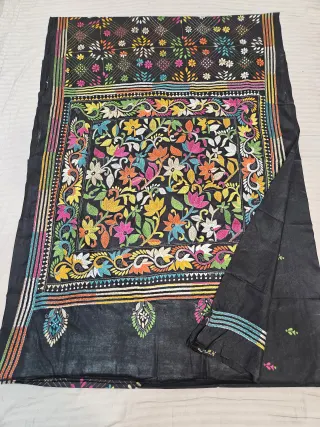 Jet Black Blended Bangalore Silk Saree with Handcrafted Multi-Color Floral Garden Kantha Stitch