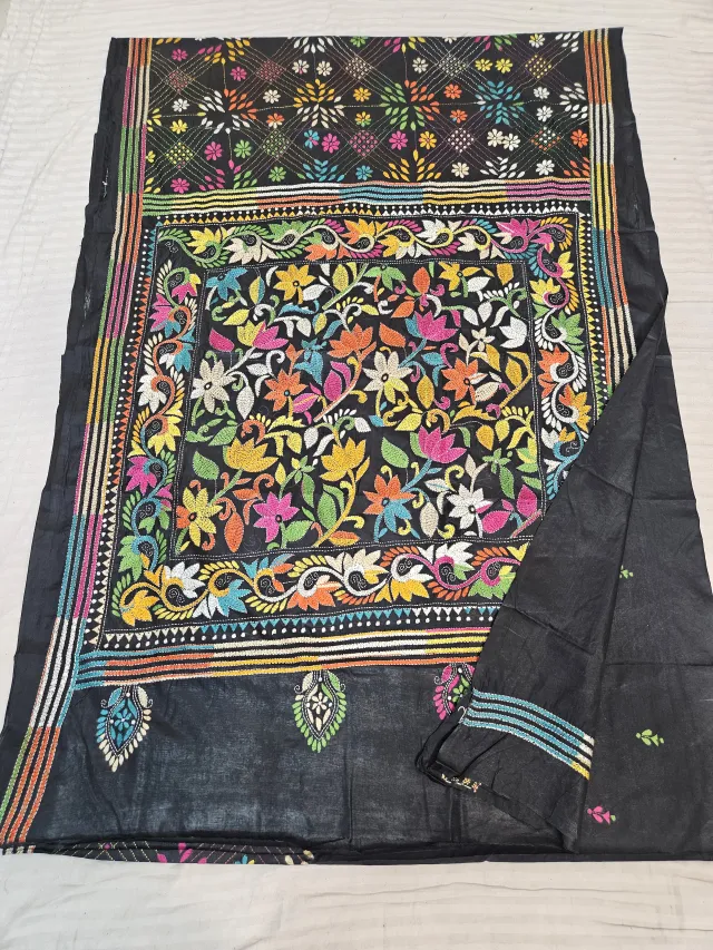 Jet Black Blended Bangalore Silk Saree with Handcrafted Multi-Color Floral Garden Kantha Stitch