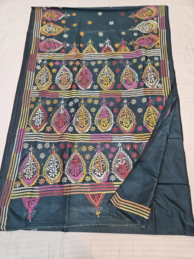 Jet Black Blended Bangalore Silk Saree with Handcrafted Multi-Color Paisley Kalka Kantha Stitch