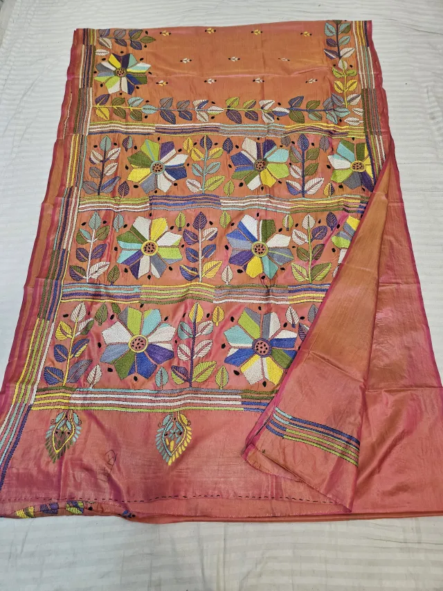Dual-Tone Peach Orange Blended Bangalore Silk Saree with Handcrafted Multi-Color Geometric Floral Kantha Stitch