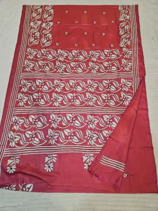 Festive Red Blended Bangalore Silk Saree with Handcrafted Monochromatic White Floral Kantha Stitch