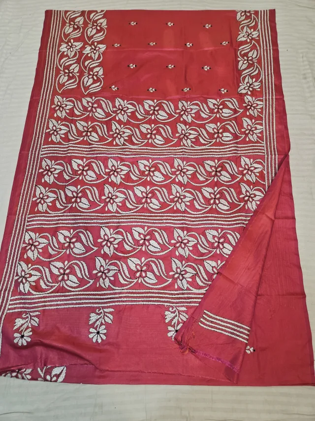 Festive Red Blended Bangalore Silk Saree with Handcrafted Monochromatic White Floral Kantha Stitch