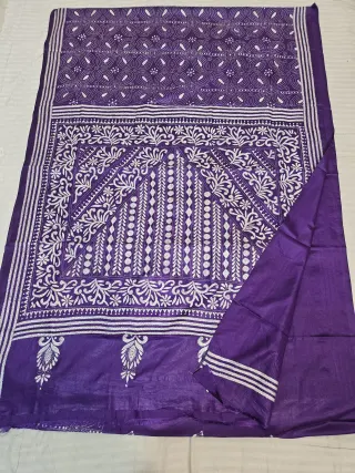Royal Purple Blended Bangalore Silk Saree with Handcrafted Monochromatic White Arched Jaal Kantha Stitch