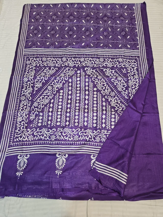 Royal Purple Blended Bangalore Silk Saree with Handcrafted Monochromatic White Arched Jaal Kantha Stitch
