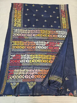 Navy Blue Blended Bangalore Silk Saree with Handcrafted Multi-Color Geometric Star Floral Kantha Stitch
