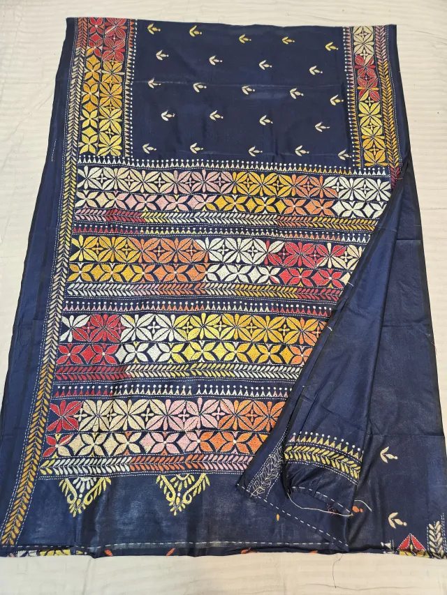 Navy Blue Blended Bangalore Silk Saree with Handcrafted Multi-Color Geometric Star Floral Kantha Stitch