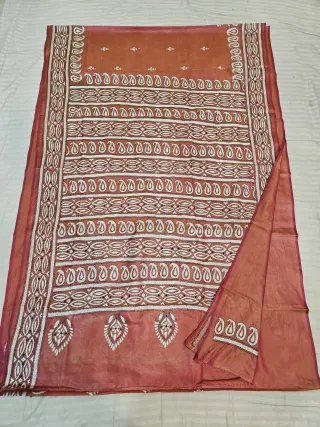Rust Orange Blended Bangalore Silk Saree with Handcrafted Monochromatic White Paisley Kalka Kantha Stitch