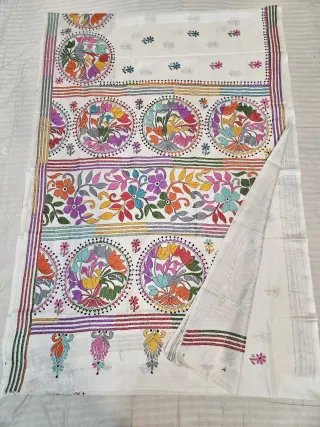 Off-White Blended Bangalore Silk Saree with Handcrafted Multi-Color Floral Medallion Kantha Stitch
