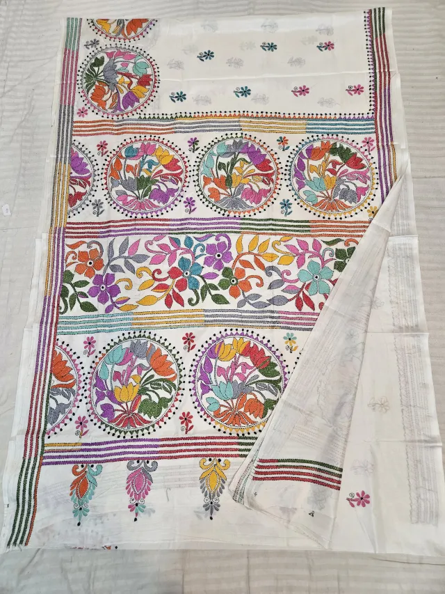Off-White Blended Bangalore Silk Saree with Handcrafted Multi-Color Floral Medallion Kantha Stitch