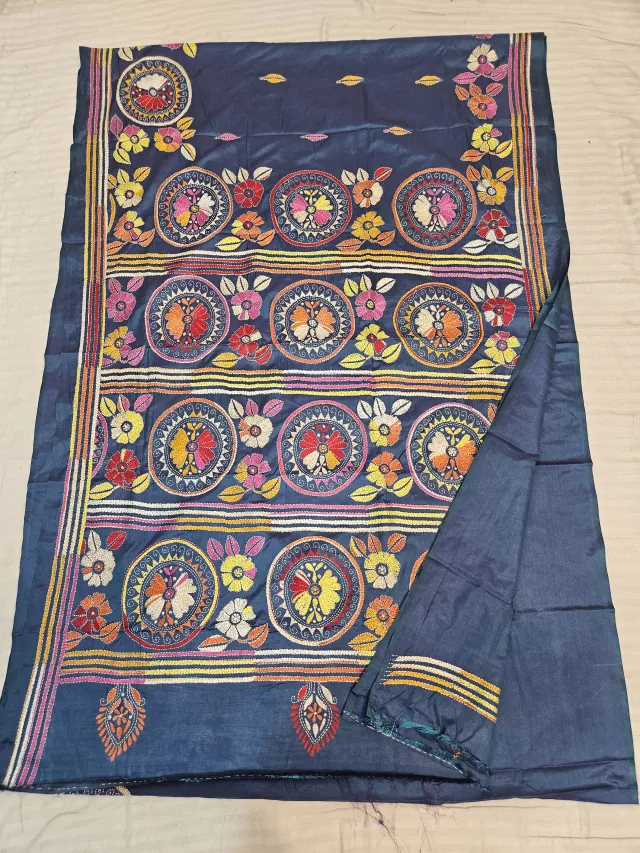 Navy Blue Blended Bangalore Silk Saree with Handcrafted Multi-Color Floral Chakra Kantha Stitch