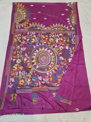 Magenta Purple Blended Bangalore Silk Saree with Handcrafted Multi-Color Floral Mandala Kantha Stitch
