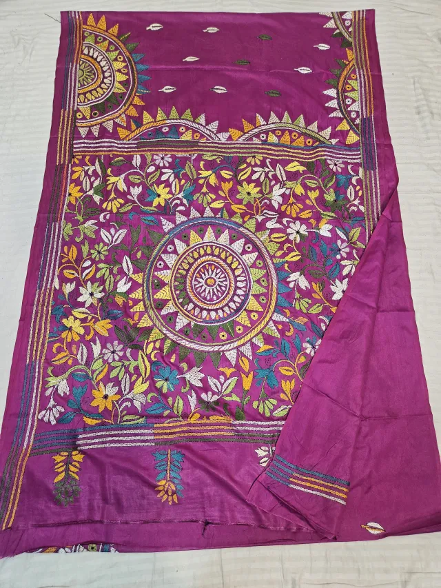Magenta Purple Blended Bangalore Silk Saree with Handcrafted Multi-Color Floral Mandala Kantha Stitch
