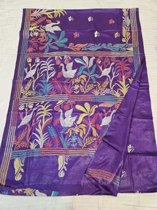 Royal Purple Blended Bangalore Silk Saree with Handcrafted Multi-Color Swan Garden Kantha Stitch
