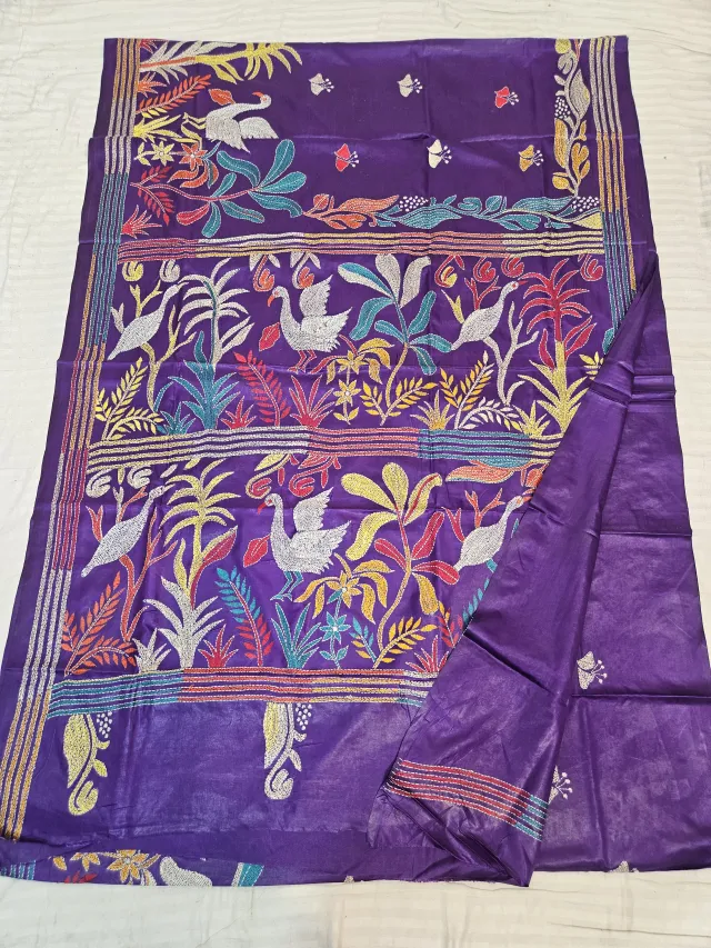 Royal Purple Blended Bangalore Silk Saree with Handcrafted Multi-Color Swan Garden Kantha Stitch