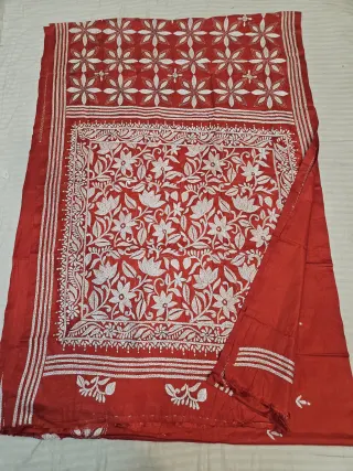 Festive Red Blended Bangalore Silk Saree with Handcrafted Monochromatic White Floral Garden Kantha Stitch