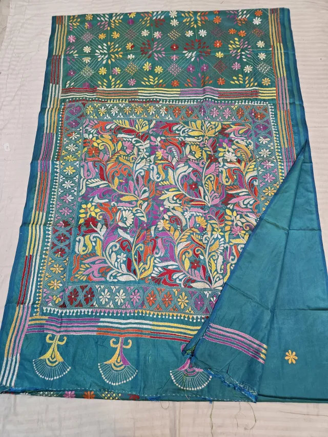 Teal Green Blended Bangalore Silk Saree with Handcrafted Multi-Color Floral Garden Kantha Stitch