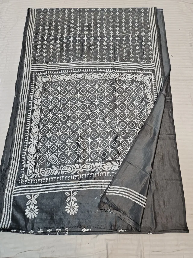 Charcoal Black Blended Bangalore Silk Saree with Handcrafted Monochromatic White Geometric Jaal Kantha Stitch