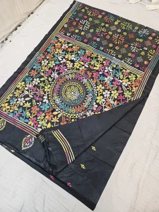 Jet Black Blended Bangalore Silk Saree with Handcrafted Multi-Color Floral Mandala & Diamond Jaal Kantha Stitch