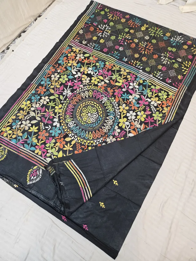 Jet Black Blended Bangalore Silk Saree with Handcrafted Multi-Color Floral Mandala & Diamond Jaal Kantha Stitch