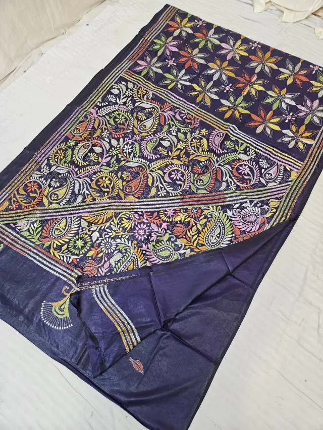 Deep Indigo Purple Blended Bangalore Silk Saree with Handcrafted Multi-Color Paisley Kalka Kantha Stitch