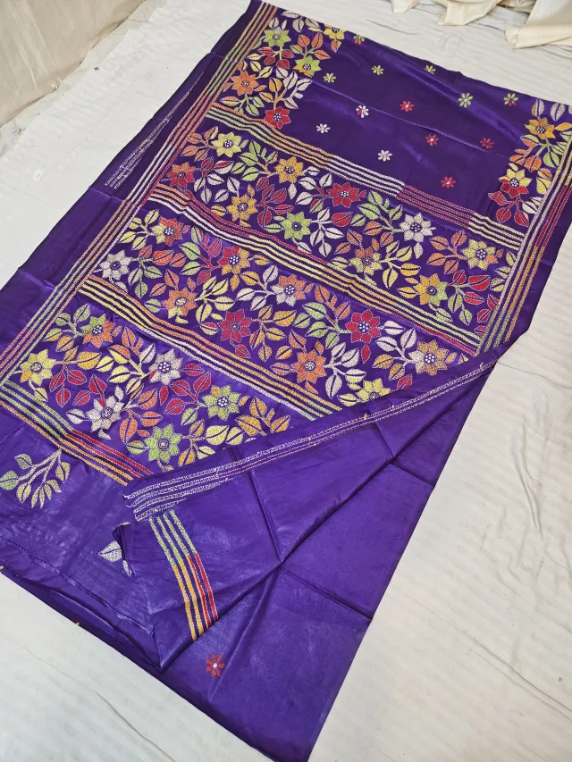 Royal Violet Blended Bangalore Silk Saree with Handcrafted Multi-Color Floral Garden Kantha Stitch