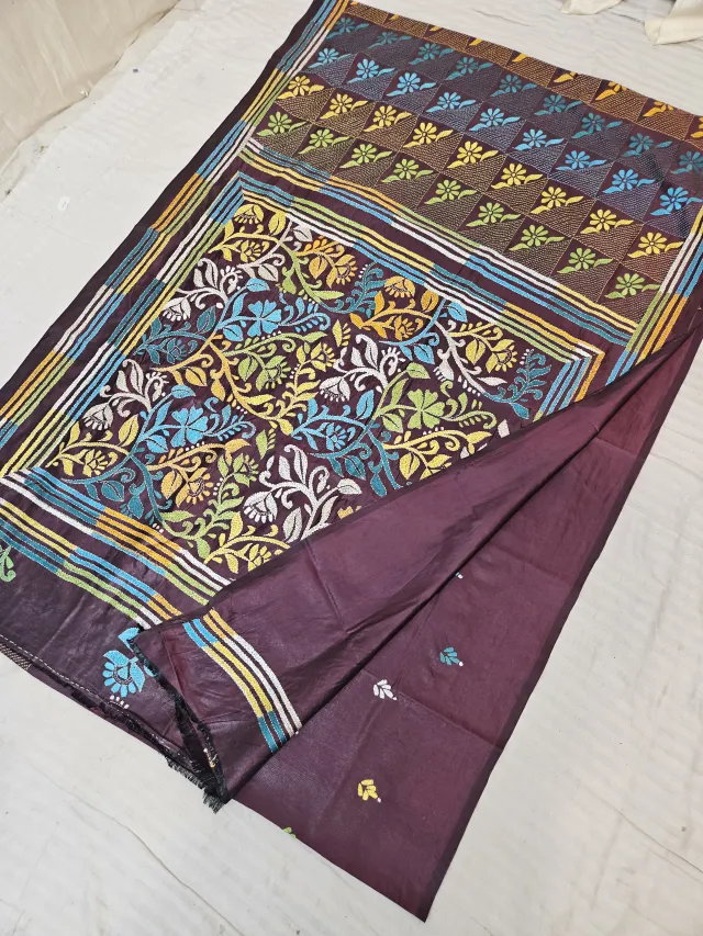 Deep Wine Blended Bangalore Silk Saree with Handcrafted Multi-Color Floral Garden Kantha Stitch