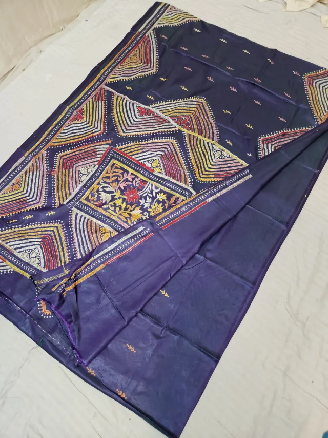 Navy Blue Blended Bangalore Silk Saree with Handcrafted Multi-Color Geometric Chevron & Floral Kantha Stitch