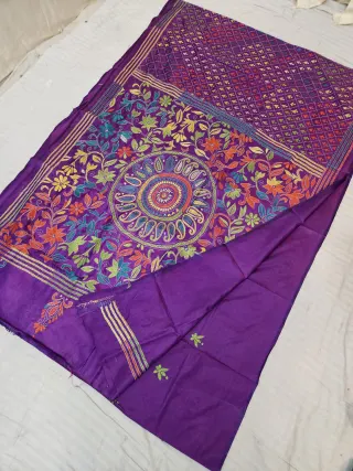 Royal Purple Blended Bangalore Silk Saree with Handcrafted Multi-Color Paisley Mandala Kantha Stitch