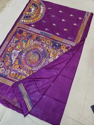 Magenta Purple Blended Bangalore Silk Saree with Handcrafted Multi-Color Sunflower & Mandala Kantha Stitch
