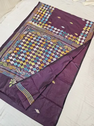 Plum Wine Blended Bangalore Silk Saree with Handcrafted Multi-Color Geometric Diamond Jaal Kantha Stitch