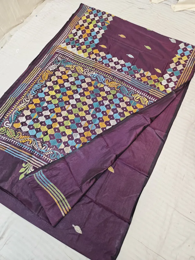 Plum Wine Blended Bangalore Silk Saree with Handcrafted Multi-Color Geometric Diamond Jaal Kantha Stitch