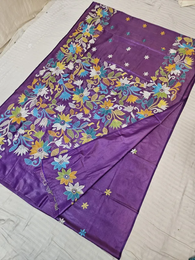 Royal Violet Blended Bangalore Silk Saree with Handcrafted Multi-Color Floral Meadow Kantha Stitch
