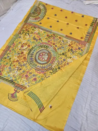 Sunshine Yellow Blended Bangalore Silk Saree with Handcrafted Multi-Color Floral Mandala Kantha Stitch