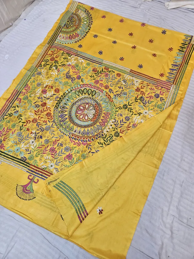 Sunshine Yellow Blended Bangalore Silk Saree with Handcrafted Multi-Color Floral Mandala Kantha Stitch