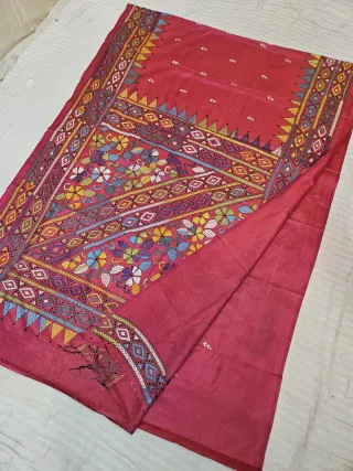 Crimson Red Blended Bangalore Silk Saree with Handcrafted Multi-Color Geometric Diamond & Floral Kantha Stitch