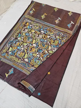 Coffee Brown Blended Bangalore Silk Saree with Handcrafted Multi-Color Fish Pond Kantha Stitch