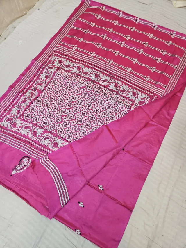 Rani Pink Blended Bangalore Silk Saree with Handcrafted Monochromatic White Geometric Jaal Kantha Stitch