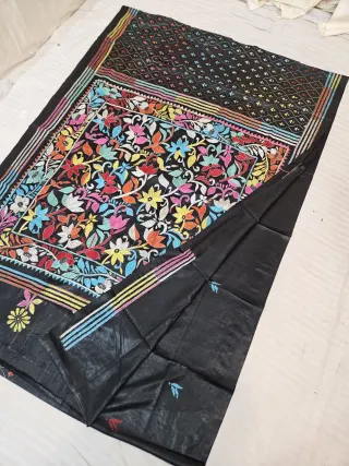 Jet Black Blended Bangalore Silk Saree with Handcrafted Multi-Color Floral Garden & Diamond Jaal Kantha Stitch