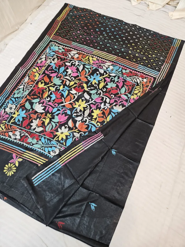Jet Black Blended Bangalore Silk Saree with Handcrafted Multi-Color Floral Garden & Diamond Jaal Kantha Stitch