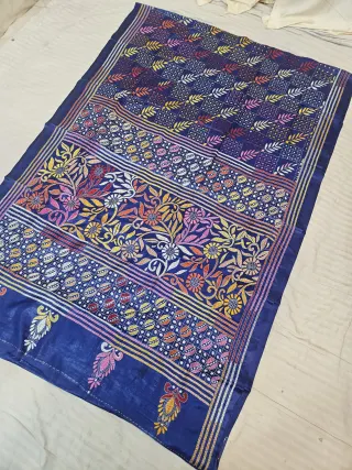 Royal Blue Blended Bangalore Silk Saree with Handcrafted Multi-Color Floral Garden & Eyelet Grid Kantha Stitch